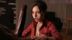 1girls 3d brown_hair capcom claire_redfield dark-skinned_male dark_skin drpineapplestudios interracial jacket penis resident_evil resident_evil_2 resident_evil_2_remake