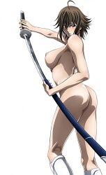 1girls areolae ass breasts fuuun_ishin_dai_shogun holding_object large_breasts nipples nude official_art simple_background thighs white_background