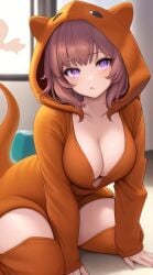 1girls ai_generated blue_eyes blush brown_hair cleavage curvy curvy_female dinosaur_costume eyebrows_visible_through_hair female_focus female_only hood_up indoors kneeling large_breasts looking_at_viewer medium_breasts open_clothes posing purple_eyes short_hair window