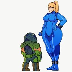 1boy 1boy1girl 1girls 2021 2d angry_vein ankle_cuffs armor biceps bigger_female blonde_hair blue_bodysuit bodysuit busty cdlum chibi confrontation crossover cute doom doom_slayer_(doom) eastern_and_western_character female futuristic futuristic_armor futuristic_clothing green_armor green_helmet hand_on_hip helmet larger_female light-skinned_female light-skinned_male light_skin looking_down_at_another looking_up looking_up_at_another metroid microsoft midget muscular_male navel_line nintendo no_sex non-nude ponytail samus_aran shorter_male simple_background size_difference skinsuit slightly_chubby smaller_male smile smirk smug smug_smile standing staredown taller_female thick thick_thighs tight_clothing white_background wide_hips wrist_cuffs zero_suit zero_suit_samus