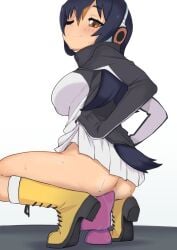 bird_tail black_hair black_sweater blonde_hair boots breasts brown_eyes dildo dildo_riding female female_masturbation gentoo_penguin_(kemono_friends) kemono_friends long_hair long_sleeves masturbation medium_breasts multicolored_hair no_panties object_insertion ollie_(ollie_stratos) one_eye_closed sex_toy skirt smile solo squatting streaked_hair sweat sweater tail thighs two-tone_sweater uncensored vaginal_object_insertion vaginal_penetration white_hair white_skirt white_sweater yellow_footwear