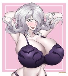 afimaki blush bra braces breasts cleavage danganronpa danganronpa_3 huge_breasts kimura_seiko large_breasts looking_at_viewer panties straight_hair underwear underwear_only