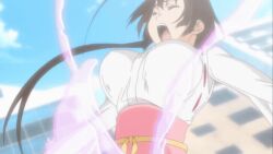 1girls animated big_breasts clothing large_breasts light-skinned_female miko_outfit musubi nipples nontraditional_miko screencap sekirei skirt stockings tagme torn_clothes