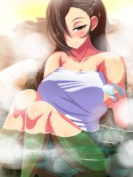 1girls alcohol alternate_version_available aokura_shou bare_legs bare_shoulders braid breasts brown_eyes brown_hair drink female female_only fire_emblem fire_emblem_fates hair_over_one_eye kagero_(fire_emblem) large_breasts legs long_hair looking_at_viewer naked_towel nintendo onsen outdoors partially_submerged seductive_smile shoulders sitting smile solo steam towel wet