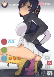 bird_tail black_hair black_sweater blonde_hair boots breasts brown_eyes dildo dildo_riding fake_screenshot female female_masturbation gentoo_penguin_(kemono_friends) japari_symbol kemono_friends livestream long_hair long_sleeves masturbation medium_breasts multicolored_hair no_panties object_insertion ollie_(ollie_stratos) one_eye_closed sex_toy skirt smile solo squatting streaked_hair sweat sweater tail thighs two-tone_sweater uncensored vaginal_object_insertion vaginal_penetration white_hair white_skirt white_sweater yellow_footwear