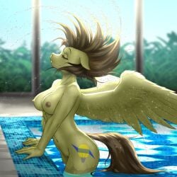 anthro areola barely_visible_genitalia barely_visible_pussy breasts closed_eyes cutie_mark ears_back equid equine fan_character female genitals hasbro hi_res mammal my_little_pony mykegreywolf navel nipples nude pegasus pivoted_ears pussy skinny_dipping solo spraying_water spread_wings static_spark swimming swimming_pool water wet wings