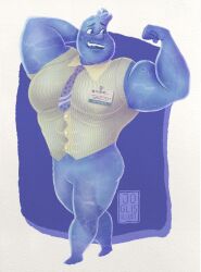 abs bara bottomless disney elemental elemental_(pixar) elemental_creature elemental_humanoid flexing_bicep john_but_spicy male male_focus male_only muscular muscular_male nervous pecs pixar shirt smiling solo tie tight_clothing tight_shirt topwear translucent translucent_body wade_ripple water water_creature