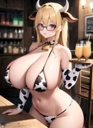 1girls 2023 :o ai_generated animal_ears anime_nose armwear bare_shoulders bell big_breasts bikini blonde_hair blue_eyes blurry_background blush bottles breasts chair clothed_female cocktail collar collarbone covered_nipples cow_ears cow_girl cow_horns cow_print cowbell exposed_shoulders female female_focus fruit glass glasses gloves horned_female horned_humanoid horns huge_breasts light_bulb long_hair looking_at_viewer navel neck_bell open_mouth orange_(fruit) original original_character print_bikini print_clothing serving_drink serving_tray shadyfox skindentation solo solo_focus stable_diffusion straw swimsuit table tavern thighhighs tray