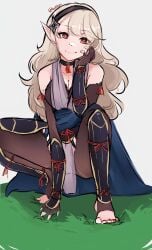 1girls alternate_costume breasts cleavage corrin_(female)_(ninja)_(fire_emblem) corrin_(fire_emblem) corrin_(fire_emblem)_(female) female female_only fire_emblem fire_emblem_fates fire_emblem_heroes grey_hair kottonart looking_at_viewer medium_breasts meme ninja nintendo official_alternate_costume pointy_ears red_eyes serafineart1001 solo spread_legs squatting touching_grass