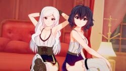 2girls 3d alternate_hairstyle armpits arms_behind_head bare_thighs bedroom bedroom_eyes black_hair breasts camisole cleavage crossed_legs female female_only fire_emblem fire_emblem_awakening gloves hair_down indoors large_breasts light-skinned_female light_skin long_hair looking_at_viewer morgan_(fire_emblem) morgan_(fire_emblem)_(female) mrqwerty multiple_girls nintendo purple_eyes robin_(fire_emblem) robin_(fire_emblem)_(female) short_hair sitting smile tank_top thighhighs thighs white_hair