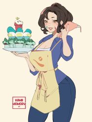 apron brown_hair cooking cream cupcake digital_drawing_(artwork) digital_media_(artwork) fully_clothed kamii_momoru looking_at_viewer mommy mommy_kink mother mother_(pokemon_sv) nintendo nintendo_switch pokemon pokemon_sv white_skin yellow_apron yellow_eyes