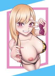 1girls alternate_version_available areolae big_breasts bikini bikini_bottom bikini_top black_bikini blonde_hair blush breasts clavicle cleavage colored_nails condom_packet_strip condom_wrapper condoms exposed_breast eyebrows_visible_through_hair female female_only gyaru hair handwear huge_breasts kitagawa_marin light-skinned_female light_skin lips long_hair long_nails looking_at_viewer nail_polish nails nipples one_breast_out pink_eyes pink_nail_polish pink_nails ring side-tie_bikini smile solo sono_bisque_doll_wa_koi_wo_suru swimwear unopened_condom_wrapper whiter_23_(23whiter)