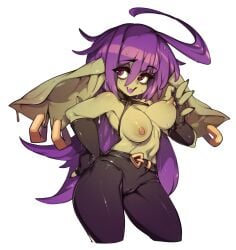 absurdres ahoge black_gloves black_pants breasts cameltoe colored_skin contrapposto ear_piercing female fingerless_gloves gloves goblin goblin_female green_skin hair_between_eyes hand_on_own_hip highres large_breasts long_hair looking_at_viewer navel nipple_tweak nipples original oversized_limbs pants piercing purple_hair red_eyes simple_background slugbox solo sweat topless tweaking_own_nipple white_background