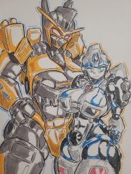 2girls abs antennae armor autobot battletrap big_hands blue_body blue_eyes female female_only hand_on_hip hand_on_shoulder honooafterdark huge_breasts mask mirage_(transformers) multiple_girls orange_body porsche porsche_911 red_eyes robot_girl round_breasts rule_63 shiny_skin shy size_difference sling_bikini tagme terrorcon thick_thighs thong three-quarter_view traditional_media transformers transformers_rise_of_the_beasts voluptuous