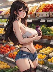 1girls ai_generated black_hair curvy_body curvy_female curvy_figure denim_shorts female_focus female_only grocery_store hi_res huge_breasts legwear lewdwaifulaifu looking_at_viewer shopping_cart shopping_mall shorts stable_diffusion underboob underwear