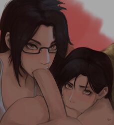 1boy 2girls amber_eyes angry_face assisted_fellatio attack_on_titan ball_sucking balls big_penis black_hair blowjob blush brown_hair carla_jaeger collaborative_fellatio double_fellatio fellatio glasses hanji_zoe implied_male_pov milf multiple_girls partial_male shingeki_no_kyojin tagme teamwork