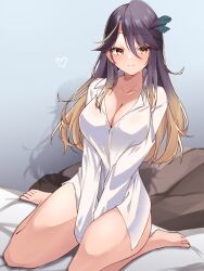 1girls bedroom big_breasts cleavage female female_only heart indoors light-skinned_female light_skin looking_at_viewer lua_asuka on_bed pajamas production_kawaii purple_hair room smile solo two_tone_hair usa_otome virtual_youtuber yellow_eyes yellow_hair