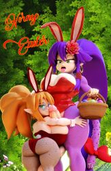 3d_(artwork) absurd_res accessory anthro areola areola_slip ass basket big_breasts big_butt big_penis blender_(software) breasts bunny_costume cleavage clothed clothing container costume curvy_figure digital_media_(artwork) duo ear_piercing ear_ring easter easter_basket easter_egg elf embrace eyewear fake_ears fake_rabbit_ears flower flower_in_hair freckles fur furgonomics genitals glasses hair hair_accessory haplorhine herm hi_res holidays hug huge_breasts huge_cock humanoid humanoid_pointy_ears intersex intersex/intersex looking_at_viewer looking_down mammal monkey orange_hair penis piercing plant ponytail primate purple_hair ring_piercing short_stack side_boob tahlian tail tail_accessory thick_thighs tongue tongue_out voluptuous wide_hips