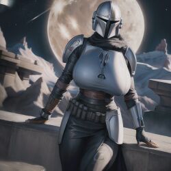 1girls ai_generated armor audiostick belt breasts detailed_background female gloves helmet huge_breasts large_breasts leaning_on_wall looking_at_viewer lucasfilm mandalorian moon shoulder_pads snow solo space stable_diffusion star_wars the_mandalorian