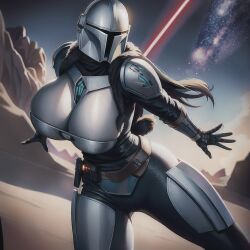 1girls ai_generated armor audiostick belt breasts detailed_background female gloves helmet huge_breasts large_breasts lucasfilm mandalorian shoulder_pads solo space stable_diffusion star_wars the_mandalorian