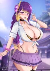 1girls bimbo blonde_highlights breasts cleavage crop_top female genshin_impact gyaru hair_ornament highlights huge_breasts leopard_print leopard_print_bra light-skinned_female light_skin long_hair midriff naughty_face navel_piercing purple_hair raiden_shogun short_skirt skirt sleeptopi suggestive thick_thighs thighs thong tongue_piercing wide_hips