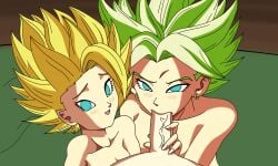 1boy 2girls blowjob caulifla dragon_ball dragon_ball_super female female_saiyan harem kale kale_(berserker) male multiple_girls oral teacher_and_student universe_6/universe_7