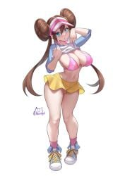 1girls 2d achromaru aged_up big_breasts blue_eyes blush bra brown_hair cleavage clothed clothing color female female_only full_body light-skinned_female light_skin long_hair long_sleeves looking_at_viewer miniskirt navel open_mouth pink_bra pink_socks pleated_skirt pokemon pokemon_(game) pokemon_bw rosa_(pokemon) shirt_lift shoes simple_background skirt sneakers socks solo thick_thighs thighs tshirt twintails visor watermark white_background yellow_skirt