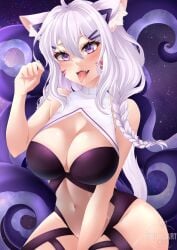 1girls animal_ears blush braid cat_ears cat_tail catgirl drooling eppolsart eyebrows_visible_through_hair fangs female female_only instagram large_breasts light-skinned_female light_skin long_hair navel posing purple_eyes signature squchan_(vtuber) tentacle tentacles twitter twitter_username virtual_youtuber vyugen white_hair