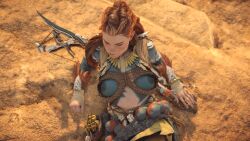 1girls 3d aloy areolae breasts canon clipping dreadlocks female female_only glitch horizon_zero_dawn midriff nipples playstation red_hair solo topless topless_female tribal tribal_markings