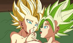 1boy 2girls blowjob caulifla dragon_ball dragon_ball_super female female_saiyan kale kale_(berserker) male multiple_girls penis sucking threesome universe_6/universe_7