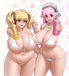 2girls bikini blonde_hair chubby chubby_female curvaceous drink female female_only happy_female kairuhentai kairunoburogu monster_energy monster_energy_ultra_citron monster_energy_ultra_pink nitroplus pink_hair red_eyes simple_background super_pochaco super_sonico super_sonico_(series) yellow_eyes