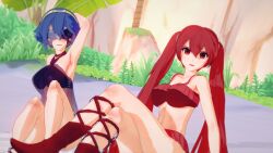 2girls 3d alternate_costume alternate_hairstyle arm_behind_head armpits beach bikini bikini_skirt blue_bikini blue_swimsuit breasts crossed_legs female female_only fire_emblem fire_emblem_awakening fire_emblem_heroes large_breasts long_hair looking_at_viewer lucina_(fire_emblem) marth_(fire_emblem_awakening) mask medium_breasts more_at_source mrqwerty multiple_girls nintendo official_alternate_costume official_alternate_hairstyle open_mouth outdoors red_bikini red_eyes red_hair red_swimsuit see-through severa_(fire_emblem) short_hair sitting smile swimsuit tiara twintails very_long_hair