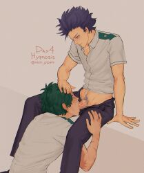 2boys blowjob fellatio freckles gay gay_blowjob green_hair hand_on_head hitoshi_shinso hypnosis hypnosis izuku_midoriya male male_only mind_control my_hero_academia penis_in_mouth purple_hair school_uniform sucking_penis u.a._school_uniform vam_pipets yaoi