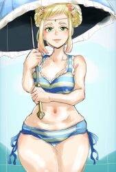 1girls alternate_costume bangs bare_thighs bikini blonde_hair blue_bikini blue_swimsuit breasts female female_only fire_emblem fire_emblem_heroes green_eyes henriette_(fire_emblem) looking_at_viewer mature mature_female medium_breasts milf multicolored_hair nintendo ocean outdoors parasol ponimeko short_hair smile solo striped_bikini swimsuit thick_thighs thighs umbrella water