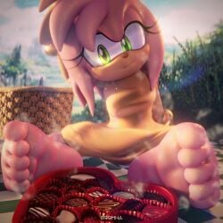 2023 3d 3d_(artwork) 5_toes 699mha amy_rose anthro barefoot candy chocolate cute cute_face dessert digital_media_(artwork) eulipotyphlan eyelashes feet female female_only food foot_fetish foot_focus green_eyes hedgehog hi_res humanoid_feet mammal musk outside sega soles solo solo_female sonic_(series) sonic_the_hedgehog_(series) toes