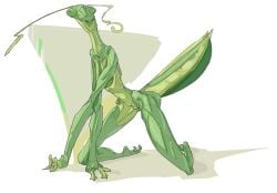 antennae_(anatomy) anthro arthropod arthropod_abdomen crossed_arms female genitals green_body green_eyes hi_res insects kneeling long_neck mandibles mantis nude pussy slim solo yamagah