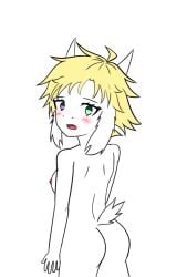 ahoge anthro blonde_hair blush bovid breasts caprine exposed_breasts female female/female fluffy fluffy_ears fluffy_tail fur goat green_eyes hair heterochromia horn invalid_tag looking_at_viewer mammal nipples nude open_mouth purple_eyes scarlena_lancy shy simple_background solo standing tail white_body white_fur wide_hips yegarr