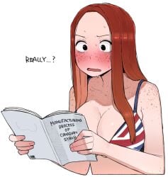 1girls big_breasts bikini black_eyes blush breasts british england flag_bikini flag_print freckles holding_object long_hair ohasi original partially_clothed reading red_hair solo standing sweat sweating text union_jack union_jack_bikini united_kingdom united_kingdom_(ohasi)