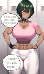 1boy 1futa ai_generated angry annoyed ball_bulge balls balls_under_clothes bulge bulge_through_clothing dark-skinned_futanari flaccid futanari green_eyes green_hair gym hands_on_hips large_breasts leggings male male_pov morgan_(xdk141) muscles muscular muscular_futanari novelai penis penis_bulge penis_under_clothes speech_bubble spiked_collar watching xdk141