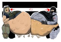 2girls belly belly_bulge big_belly big_belly_bulge black_hair blonde_female blonde_hair female female_only frost_(rainbow_six) military military_uniform multiple_girls multiple_preds multiple_prey rainbow_six rainbow_six_siege rivalry squirming_gut struggling struggling_prey thesonier103 touching_bellies valkyrie_(rainbow_six) vore vore_belly