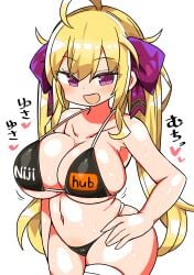 1girls :d ahoge belly belly_bulge belly_button big_breasts bikini black_bikini blonde_hair breasts chubby chubby_female eyebrows eyebrows_visible_through_hair eyelashes female female_only hair_ribbon japanese_text jiggle jiggling_breasts kanikama large_breasts legwear long_hair looking_at_viewer micro_bikini micro_bikini_top navel nijihub nijisanji open_mouth pose posing purple_eyes reflective_body ribbons simple_background standing sweat sweating takamiya_rion text thick_thighs thighhighs thong thong_bikini twintails virtual_youtuber white_background white_legwear