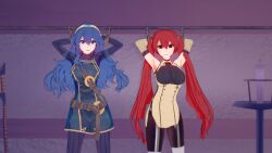 2girls 3d angry armpits arms_behind_head blue_eyes blue_hair bodysuit bondage bound breasts candle detached_sleeves female female_only femsub fire_emblem fire_emblem_awakening glaring handcuffs indoors koikatsu large_breasts long_hair looking_at_viewer lucina_(fire_emblem) medium_breasts mrqwerty multiple_girls multiple_subs nintendo pantyhose rape red_eyes red_hair restrained severa_(fire_emblem) symbol-shaped_pupils twintails very_long_hair