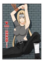 1girls azlight69 before_sex blonde_hair bondage bound brown_eyes female female_only headband looking_at_viewer naruto naruto_(series) naruto_shippuden solo tied_up torn_clothes tsunade