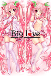 alternate_hair_color biglove breasts cherry cherry_blossoms dakimakura detached_sleeves food fruit hatsune_miku headphones long_hair navel necktie open_clothes open_mouth panties petals pink_eyes pink_hair sakura_miku smile striped striped_panties thighhighs tied_hair twintails underwear very_long_hair vocaloid wink zettai_ryouiki