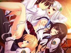 aisaka_tsugumi black_hair blonde_hair breast_grab breasts fusataka_shikibu game_cg gray_hair mikagura_setsu nipples open_clothes open_shirt panties renai_saimin seifuku shirt tendou_chizuru underwear