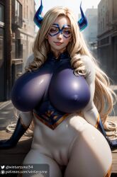 1girls ai_generated big_breasts blonde_hair bodysuit cameltoe female looking_at_viewer mount_lady my_hero_academia nipple_bulge smile stable_diffusion superheroine takeyama_yuu thick_thighs winterzone