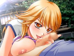 11_teachers blonde_hair blush breasts erect_nipples fellatio hair hibari large_breasts licking oral orange_eyes shirt_lift