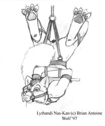 1990s 1997 20th_century ball_gag bondage female furry gag lythandi_nas-kan monochrome pussy solo spread_legs spreading suspension wolfkidd