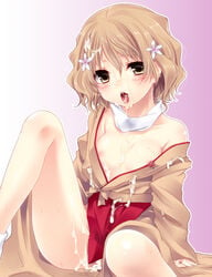 1girls blush breasts brown_eyes brown_hair clothing cum cum_in_mouth cum_inside cum_on_body cum_on_clothes female flower hair_flower hair_ornament hanasaku_iroha japanese_clothes matsumae_ohana nipples open_clothes open_mouth short_hair solo yukian