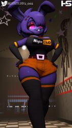 16:9 1girls 2023 3d 3d_(artwork) alternate_version_available animatronic anthro arm_sleeves artist_name artist_signature belt belt_buckle big_breasts black_shirt bonfie bonfie_(cryptia) bonnie_(cally3d) bonnie_(fnaf) breasts bunny bunnygirl cally3d clazzey clothed clothed_female clothing cryptiacurves detailed_background eyebrows fazclaire's_nightclub female female_only five_nights_at_freddy's fnaf fredina's_nightclub hair hair_over_one_eye half-closed_eyes hands_on_hips hotstuff pink_eyes purple_body rabbit rule_63 scottgames smile smiling solo solo_female standing stockings thick_thighs thigh_highs